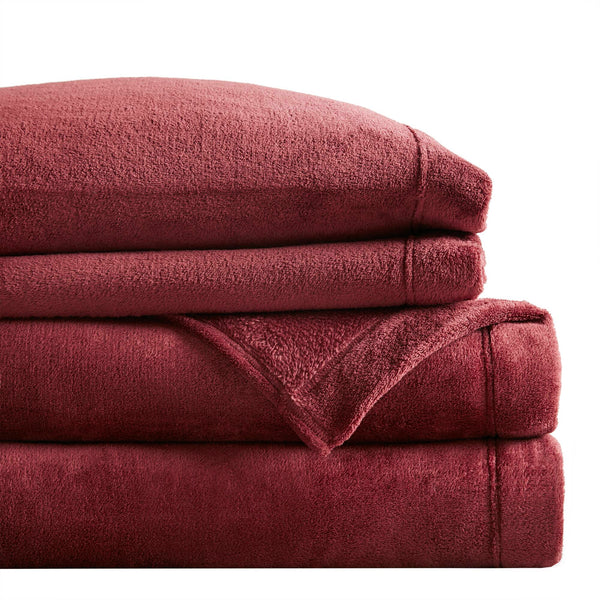English Elm 4 Pcs King Micro Plush Sheet Set In Luxurious Burgundy - Ultra-Soft, Warm, & Easy Care Bedding Set B035P319761