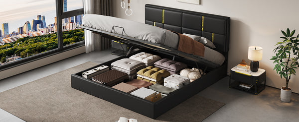 English Elm Queen Upholstered Storage Bed Gas Lift Platform with Gold Trim Pu Headboard N733S362241B