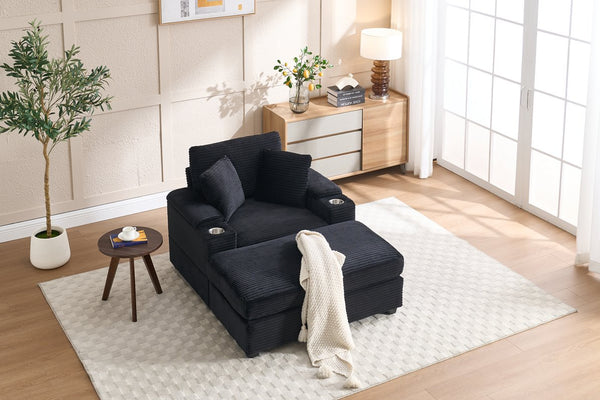 English Elm Corduroy Upholstered Chaise Lounge Sofa with Movable Ottoman, Cup Holder, Deep Seat Comfort Black W2120S00011