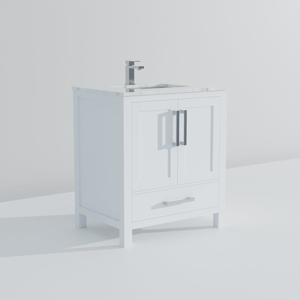 English Elm White 30 in. Bath Vanity with Carrara Marble Top, Soft-Close Drawer, Chrome Faucet, Spacious Storage B2731P258993