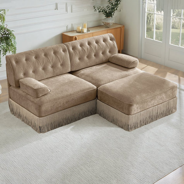 English Elm L-shaped Velvet Chesterfield Sectional Sofa with Tassel Skirt and Tufted Modular Design Camel W714S01695