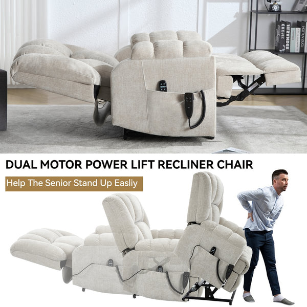 English Elm Dual Motor Power Lift Recliner Chenille Chair with Massage Heat and Infinite Positions Beige W3224P288434