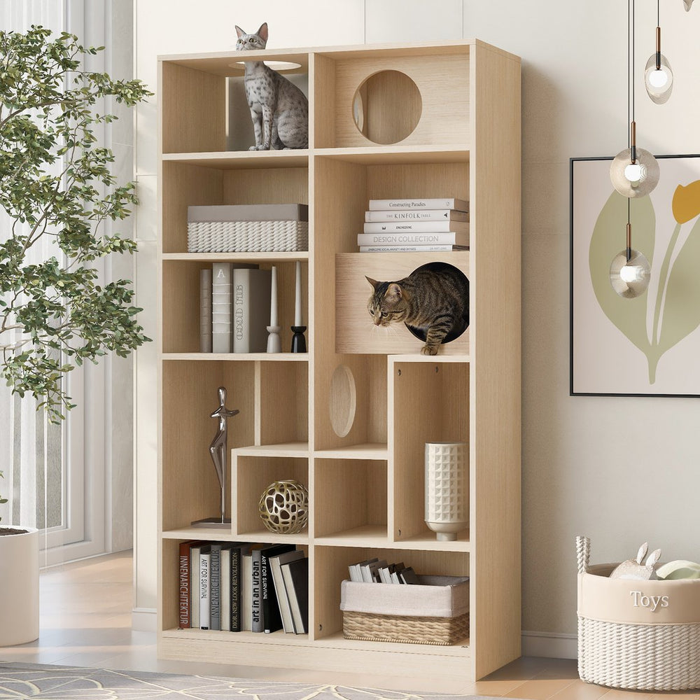 English Elm Modern 2 IN 1 Wood Bookshelf Cat House with Storage & Litter Box Enclosure, Natural Multi-Use Climbing Shelf 35.4"L x 15.7"W x 63.5"H N843P254852N
