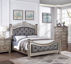 English Elm Formal California King Bedframe - Antique Silver Tufted Faux Leather Headboard & Footboard Elegance B011S00951