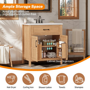 English Elm 30" Solid Pine Bathroom Vanity with Resin Sink Soft Close Doors and Natural Grain Finish N710P405952P