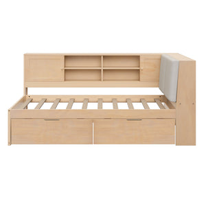 English Elm Wooden Twin L-shaped Corner Bed Pine Frame Bookcase Storage Usb Charging Ports BS701P337660N