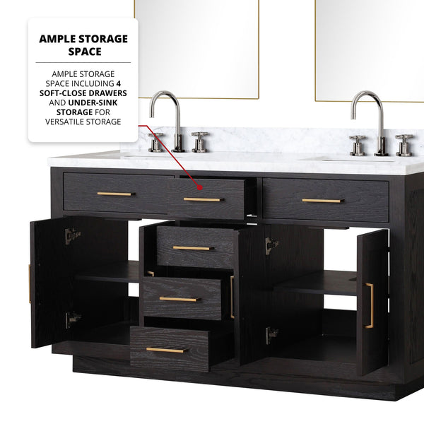 English Elm Black Oak Double Bath Vanity With Carrara Marble Top, Chrome Faucets & 28" Mirrors - Ready To Install! B2731S02172