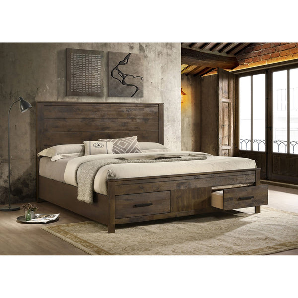 English Elm Greely Rustic Golden Brown Eastern King Storage Bed with Wire-Brushed Hardwood Finish & Dual Drawers B062S00703