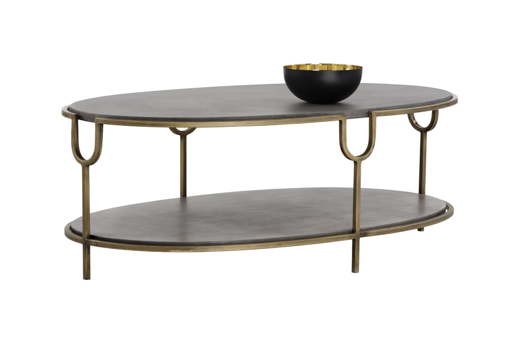 Sunpan Arya Coffee Table - Elegant Oval Design with Antique Brass Frame & Unique Concrete Top for Modern Spaces