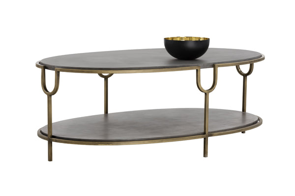 Sunpan Arya Coffee Table - Elegant Oval Design with Antique Brass Frame & Unique Concrete Top for Modern Spaces