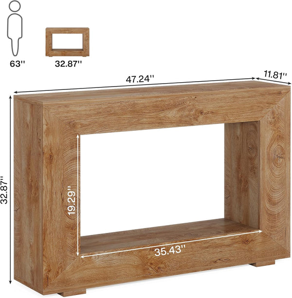 English Elm Entryway Console Table with Sculptural Stacked Wood Panels and Open Arc Base T3971P451449