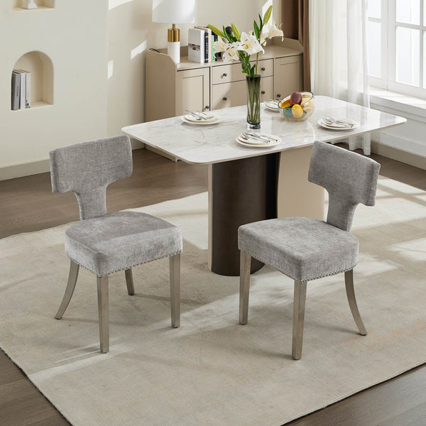 English Elm Mid Mid Century Modern Dining Chair Set with Curved Copper-Nail Backrest, High-Density Foam Seat, Brushed Stainless Legs Gray W1143P314900