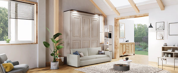 English Elm Queen Murphy Platform Bed with Foldaway Cabinet, Built-In LED, Side Cabinets & Drawers for Small Spaces Beige N7090002230A