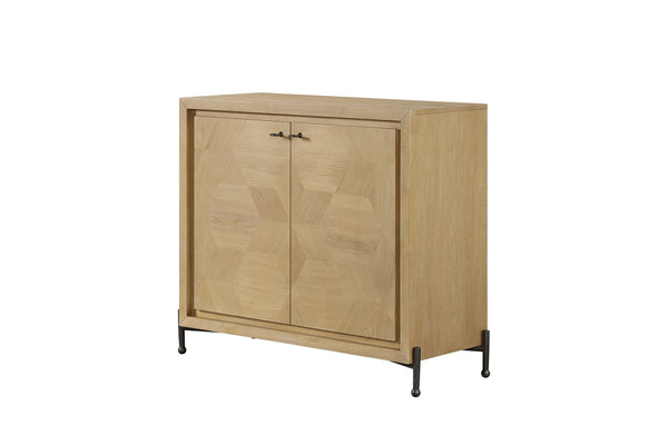 English Elm Hickory Veneer Two Door Storage Chest with Metal Legs and Geometric Wood Grain Pattern B2699P447495