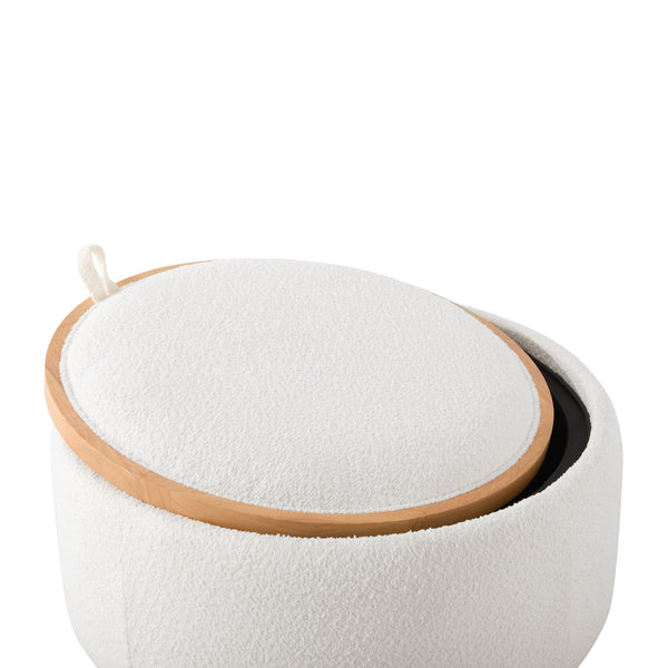 English Elm 29" Round Boucle Storage Ottoman Sculptural Wood Base Reversible Lid Living Room Beige N723P405304A
