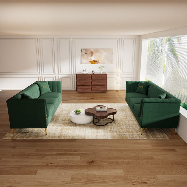 English Elm FX-P82-2PC Velvet Sofa Set of 2, Plush Tufted 3-Seater Sofas with Gold Legs for Stylish Living W576S00242