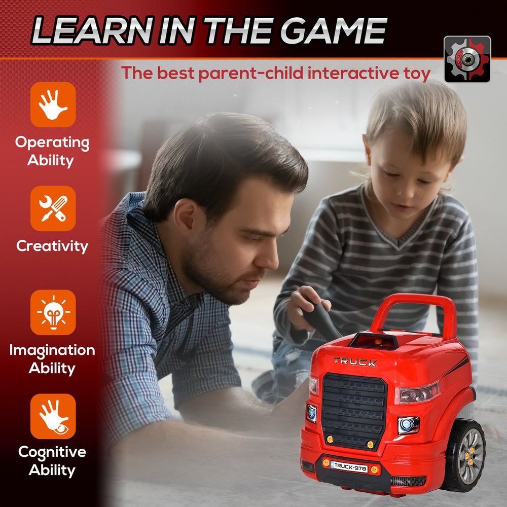 English Elm Qaba Kids Mechanic Workshop Truck Toy with Sounds Lights and 61 Piece Engine Set W2225P200404