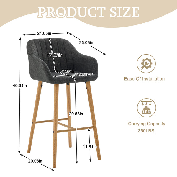 English Elm Modern Linen Upholstered Barstools with Oak Legs Armrests and Footrest for Kitchen Islands Black W395P396317