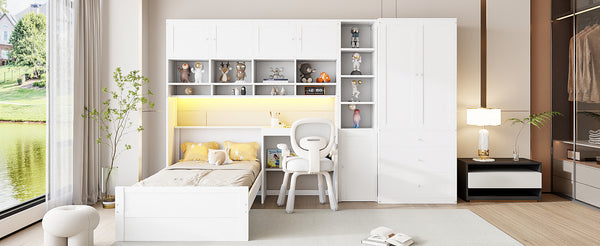 English Elm Wooden Twin Loft Bed with Built-in Desk Wardrobe Storage Drawers and Led Lighting N820S00069K