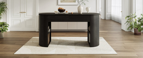 English Elm Storage Writing Desk with Curved Base Open Shelves and Drawers for Home Office Black N757P306285B
