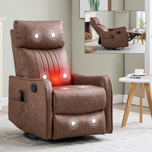 English Elm Beige Fabric Swivel Rocker Recliner with Massage Nodes and Lumbar Heat for Living Room Brown W1803P363426