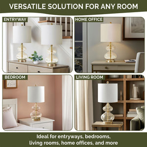 JLA Home 510 Design - Curved gourd glass table lamps set of 2 with stacked sculptural bases, brushed gold accents, white shades, LED bulbs 5DS153-0014