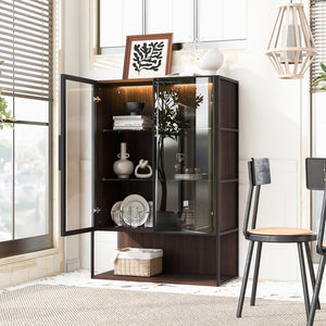 English Elm 51.2'' Freestanding Lighted Display Cabinet With Adjustable Glass Shelves & Hidden Storage For Décor N845P261777D