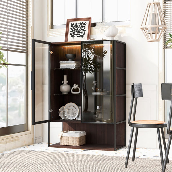 English Elm 51.2'' Freestanding Lighted Display Cabinet With Adjustable Glass Shelves & Hidden Storage For Décor N845P261777D