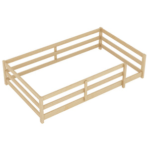 English Elm Twin Pine Montessori Floor Bed for Kids with Safety Fence, Low Profile Twin Frame, Natural Finish W1820P331919