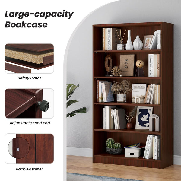 English Elm 5 Shelf Tall Cherry Wood Bookcase with Adjustable Shelves for Office or Bedroom T3623P418325