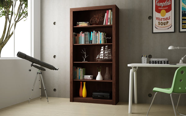 English Elm Olinda Modern 5-Shelf Tall Bookcase — Contemporary Open Shelving for Living Room, Office Storage Walnut Brown B365P398313