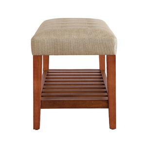 English Elm Fabric Upholstered Bench with Tufted Padded Seat, Open Lower Shelf, Tapered Wood Legs, 43"L Beige,Oak B016P311082