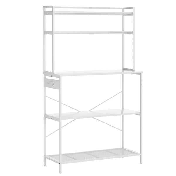 English Elm Large Five Tier Industrial Bakers Rack with Built in Outlets Microwave Stand Kitchen Organizer White T3623P431209