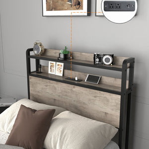 English Elm Twin Bed Frames with Storage Headboard, Built-In USB/Type-C Charging, LED Light, Space-Saving Design Black+ Gray W2129P314786