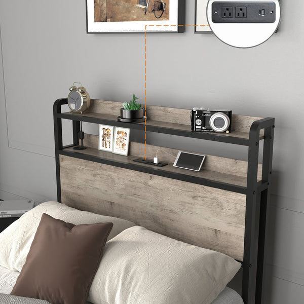 English Elm Twin Bed Frames with Storage Headboard, Built-In USB/Type-C Charging, LED Light, Space-Saving Design Black+ Gray W2129P314786