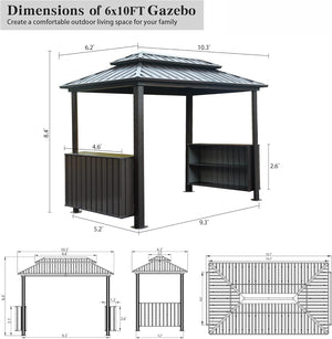 English Elm 6x10FT Hardtop Grill Gazebo with Double Galvanized Steel Roof, Ventilated Two-Tier Design & Storage Hooks Brown W1859S00116