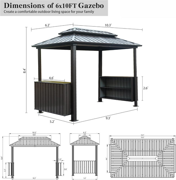 English Elm 6x10FT Hardtop Grill Gazebo with Double Galvanized Steel Roof, Ventilated Two-Tier Design & Storage Hooks Brown W1859S00116
