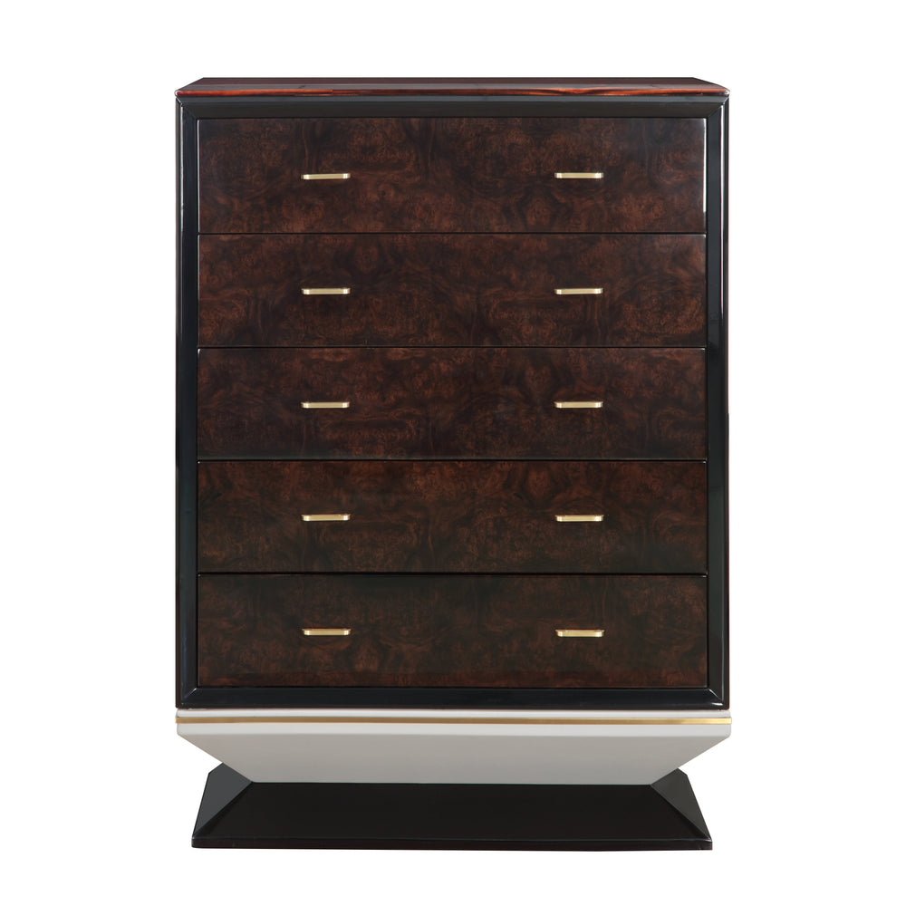English Elm Jamonica 5-drawer Chest with Glossy Wood Veneer Top and Gold Knob Hardware B2756P506262