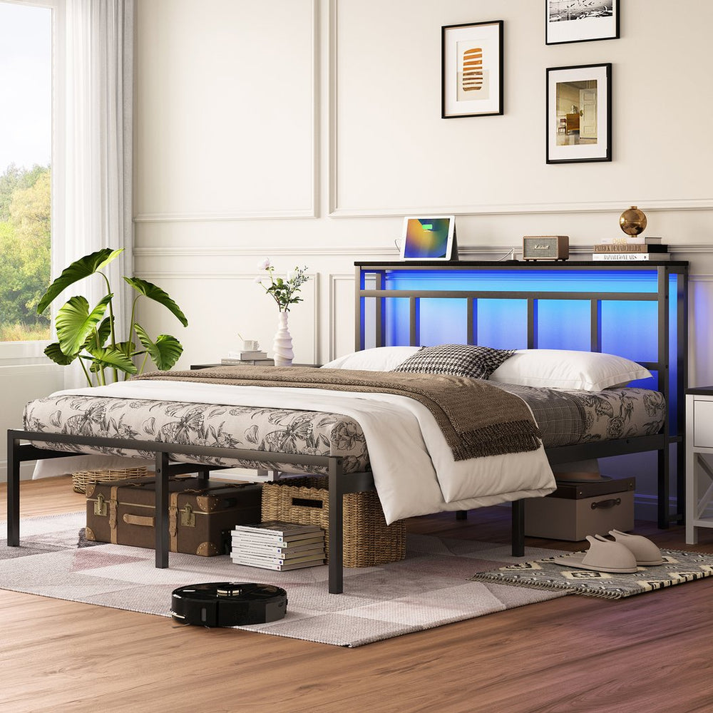 English Elm 14 Inch Twin Platform Bed Walnut Headboard Led Lighting Usb Charging Storage Shelf W1670P420448