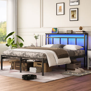 English Elm 14 Inch Twin Platform Bed Walnut Headboard Led Lighting Usb Charging Storage Shelf W1670P420448