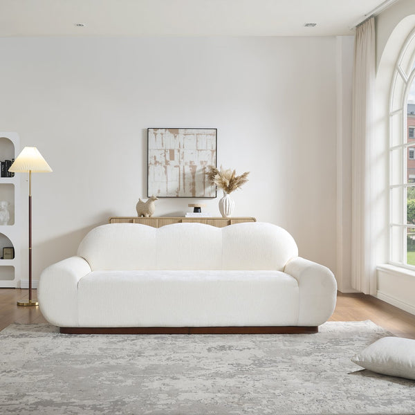 English Elm 88 In. Curved Cloud Sofa Chenille Upholstered 3 Seat Living Room Couch Walnut Legs White N773IS00095W
