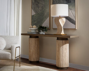 Sunpan ANUSHA Table Lamp - Hand-Carved Solid Travertine Base, Textured Shade & Warm Brass Accents, 30" Tall 112157