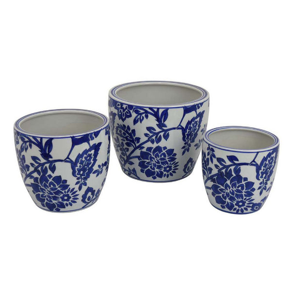 English Elm Garden Ceramic Planter Trio Hand Painted Floral Glazed Japanese Style Home Decor Set White+Blue B056P412621