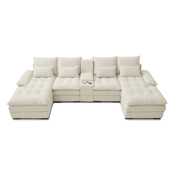English Elm 130" U-shaped Sectional Sofa Six Seat Linen Upholstered with Built-in Console and Chaise Beige W1117S00271