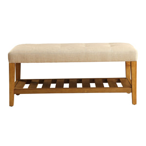 English Elm Beige Tufted Padded Seat Bench with Oak Frame and Slatted Storage Shelf—Comfortable Elegance for Entryway B062P189178