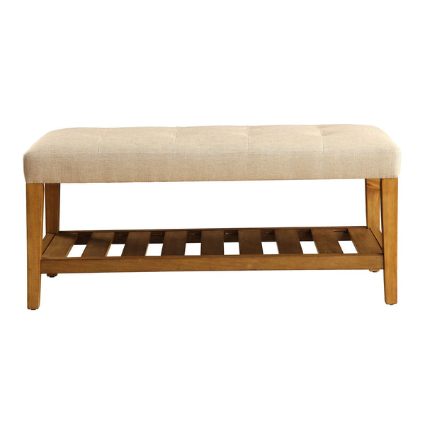 English Elm Beige Tufted Padded Seat Bench with Oak Frame and Slatted Storage Shelf—Comfortable Elegance for Entryway B062P189178
