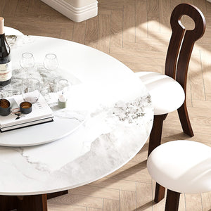 English Elm Modern Round Dining Table - 59" Sintered Stone With Walnut Base & Lazy Susan For 6-8 People W2700S00004