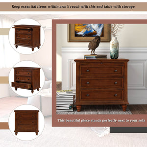 English Elm U_style Minimalist 3 Drawer Nightstand with Pull Out Tray Rubberwood Legs Bedroom Storage Brown WF319367AAD