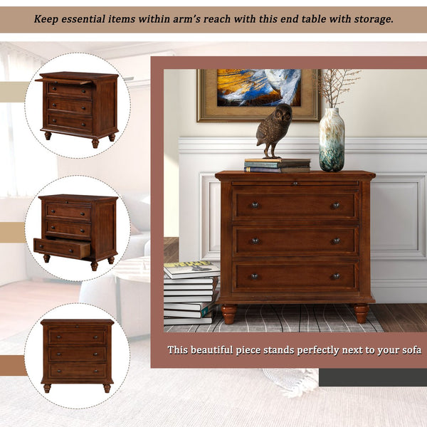 English Elm U_style Minimalist 3 Drawer Nightstand with Pull Out Tray Rubberwood Legs Bedroom Storage Brown WF319367AAD