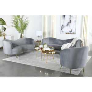 English Elm Reigha Velvet Loveseat in Grey with Gold Legs — Mid-Century Modern Channel Tufted Curved Bench Cushion Elegance B062P351443